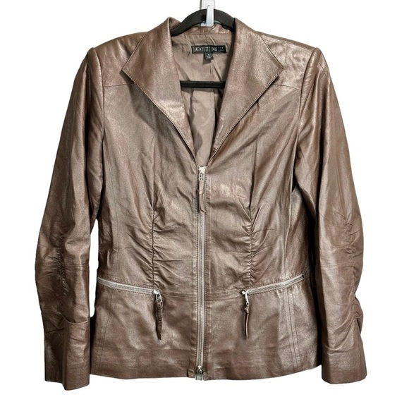 Lafayette 148 Brown Ruched Leather Blazer Jacket - Picture 3 of 6